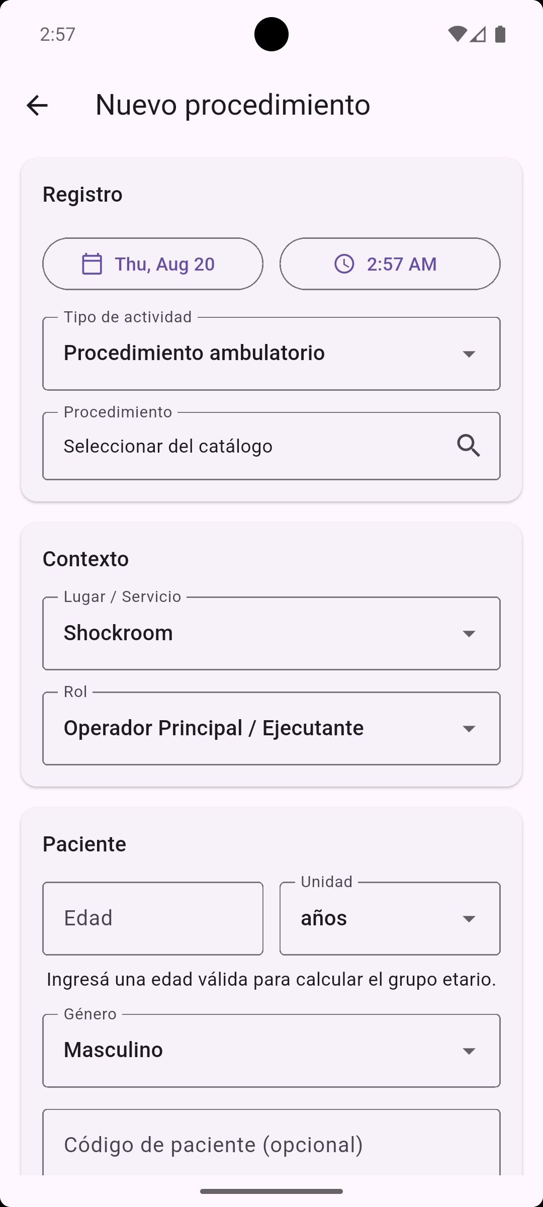 Formulario de nuevo procedimiento de RESIDENT